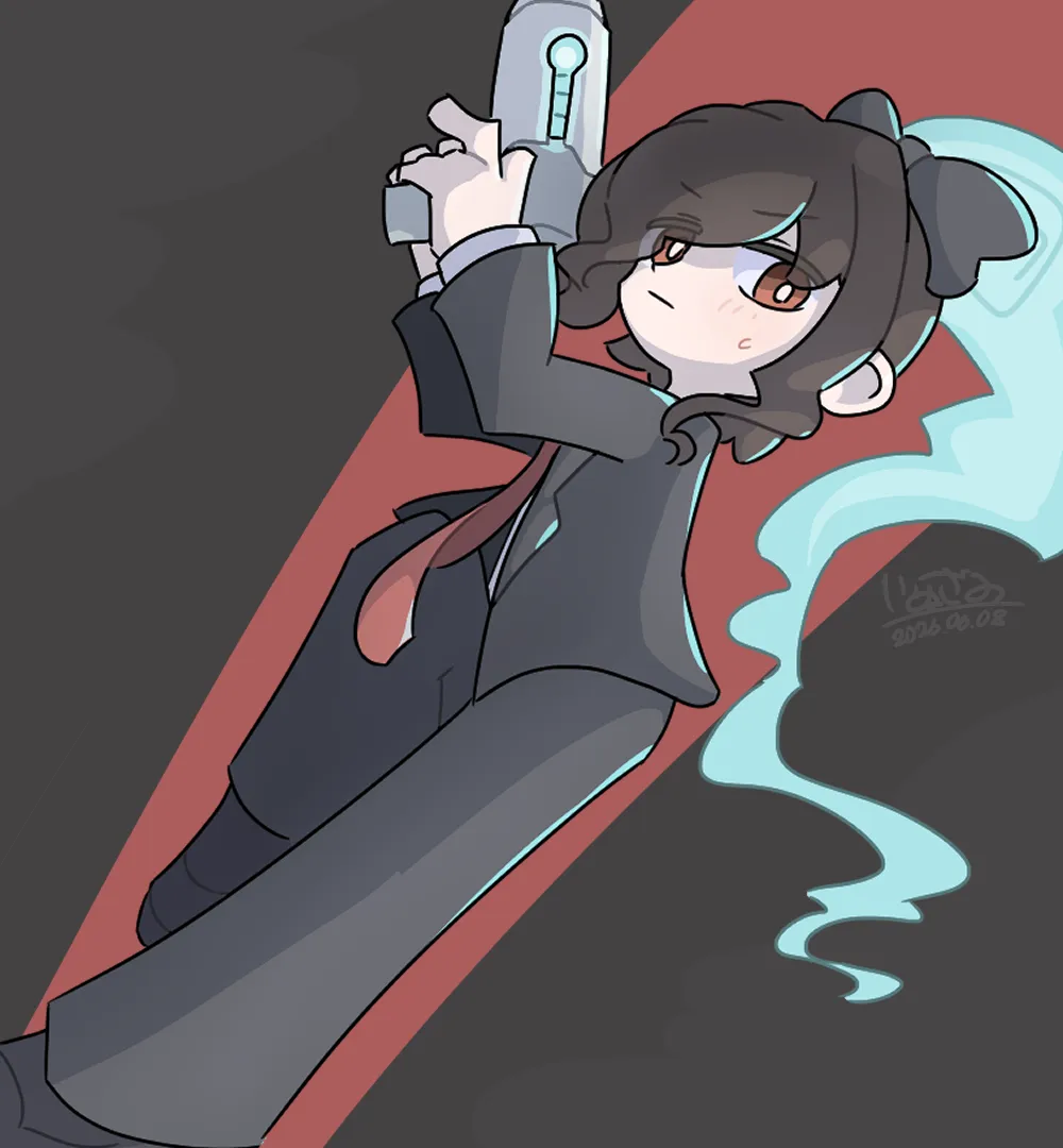 銃を構えた黒髪の女の子のイラスト